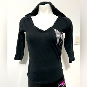 Planet Gold Black White 3/4 sleeves Hoodie Butterfly Top Shirt Size XS